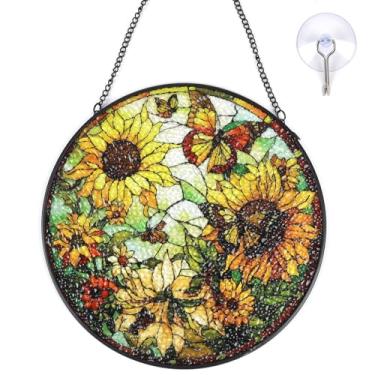 Imagem de ZioNNyxviana Girassol apanhador de sol vitral pendurado com corrente de metal e ganchos 19 cm interior/exterior, decoração de casa e jardim, Natal, Dia das Mães, presentes de inauguração de casa