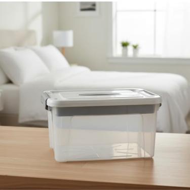 Imagem de Caixa Organizadora Multiuso, Plástico Transparente com Tampa Branca, 20L, Empilhável, 38,5 x 28 x 22 cm, para Casa e Escritório