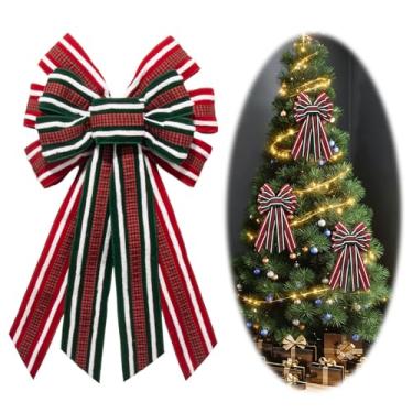 Imagem de ALIBBON Grande laço de Natal para grinaldas, laço de guirlanda de Natal com listras verdes vermelhas, laços de fita xadrez de búfalo para porta da frente, decorações de Natal, laços de topo de árvore