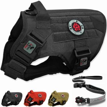 Imagem de Pets ProMax Peitoral tático para cães com coleira tática como 1 conjunto para cães extragrande; colete tático para cães estilo militar e coleira elástica para cães com fivela de assento de carro