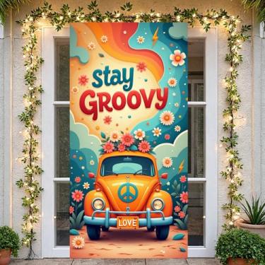 Imagem de Groovy Capa de porta de festa, banner, decoração retrô, hippie, margarida, pano de fundo, adereços para fotos para decoração hippie dos anos 60 e 70 anos