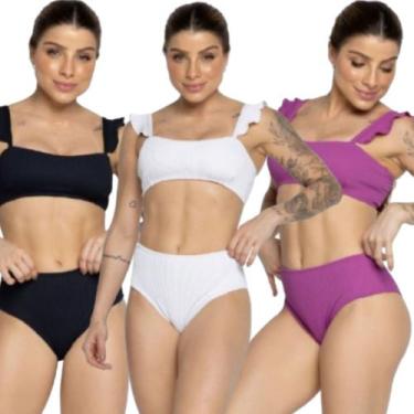 Imagem de KIT 3 Biquíni Hot Pants Manguinha Básico Vekyo Cintura Alta Confotavel