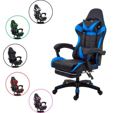 Imagem de Cadeira Gamer Ergonômica Reclinável com Apoio para Pés e Almofadas Lombar Couro Sintético 135kg