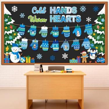 Imagem de Pasimy Conjunto de decoração de quadro de avisos de inverno, decorações de sala de aula, faça você mesmo, luvas azuis, boneco de neve, árvore de Natal, flocos de neve, recortes de papel com clipes de