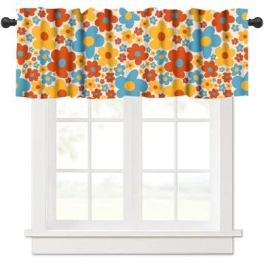 Imagem de JanJCurt Saia vintage de margarida, abstrata, retrô, hippie, hippie, azul, laranja, vermelha, margarida, estampa floral, blackout para janela curta, saia para quarto de crianças, sala de estar, 137 x