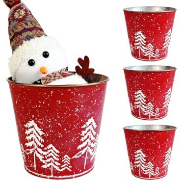 Imagem de 4 baldes de metal de Natal para presentes, balde de lata galvanizado vermelho de 14,5 cm, banheira de bebidas para decoração de Natal, mesa de armazenamento doméstico, baldes de fazenda, vaso de