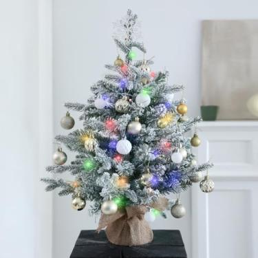 Imagem de HipTree 600 cm de árvore de Natal pequena para decoração de árvore de Natal com 35 luzes LED de duas cores, mini árvore de Natal branca iluminada artificial para manto de mesa com 157 pontas, base de