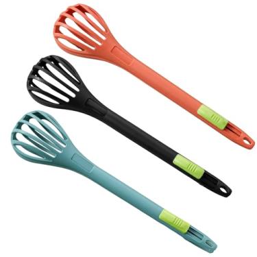 Imagem de Batedor de ovos manual de nylon de 8 linhas e pinças para alimentos, ferramenta de mistura 2 em 1 com alça ergonômica, disponível em azul lago, preto espacial e vermelho laranja