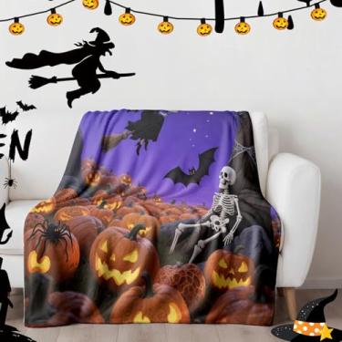 Imagem de Cobertor de lã de abóbora de Halloween, cobertor de abóbora de Halloween para crianças bebês: festa fantasma em fundo cinza design em veludo macio roxo cobertor para sofá-cama 80 * 60