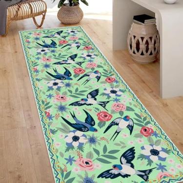 Imagem de Tapete de corredor floral botânico 6 x 0,90 m, tapete verde para corredores antiderrapante, tapete de entrada de pássaro de flor boho macio, tapetes laváveis finos, tapetes de cozinha resistentes a