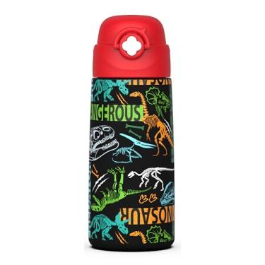 Imagem de Garrafa de água isolada para meninos com canudo pop-up coberto, copos infantis de 473 ml com aço inoxidável à prova de vazamento para escola (dinossauro-vermelho)