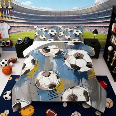 Imagem de Erosebridal Conjunto de edredom de futebol, solteiro, para meninos, crianças, adolescentes, jogos de bola, esportes, pintura a óleo, amarelo, azul, cinza, pinceladas decorativas, enchimento, edredom