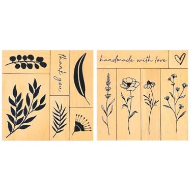 Imagem de Wissppoott Conjunto de 12 carimbos vintage de madeira – folhas, ramo, planta, floral, baga, coração e letras (feito à mão, obrigado) carimbos para scrapbooking, cartões de artesanato, embrulho de