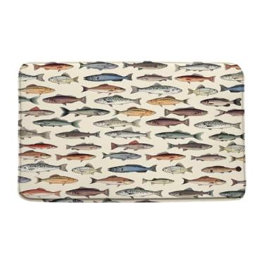 Imagem de HWSSHW Tapete de banho vintage rústico para casa de fazenda, cabana de pesca, lago, peixes, acampamento de caça, trailer, microfibra, espuma de memória, decoração de banheiro, tapetes para cozinha e