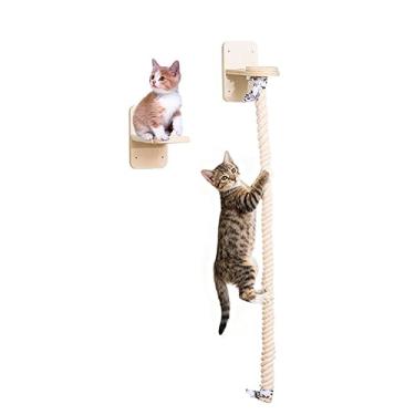 Imagem de Corda de escalada para gatos montada na parede com plataformas – 5 x 150 cm Torre vertical para gatos e poste para arranhar, economizar espaço, móveis de parede para gatos em ambientes internos