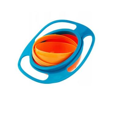 Imagem de Tigela Giratória p/Bebê. Potinho Plástico p/Crianças, não Derruba o Alimento. Pote/Prato Infantil (Azul e Laranja)
