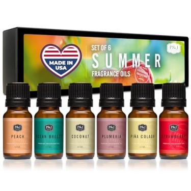 Imagem de P&J Trading Conjunto de 6 óleos aromáticos de verão - pêssego, morango, plumeria, coco, brisa do oceano, aromas de vela pina colada, sabonete, óleo difusor