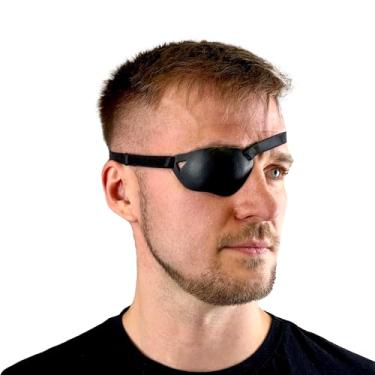 Imagem de ANUDRA Remendo para os olhos preto de couro premium feito à mão com enchimento de espuma macia, tapa-olho adulto fino para homens e mulheres (direito)