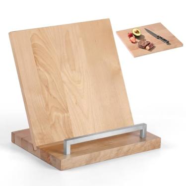 Imagem de Suporte de livro de receitas com tábua de corte removível – Suporte de livro de receitas ajustável, tábua de charcutaria e bandeja de servir de cozinha, decoração de contagem de cozinha/madeira de