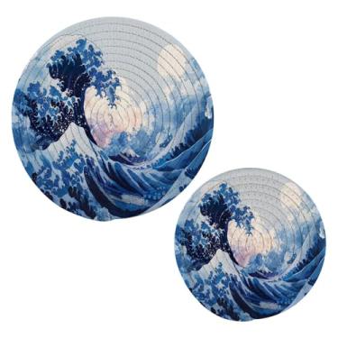 Imagem de Blueangle 2 peças de suporte de panela Great Wave Trivet - conjunto de pegadores de panela de tecido redondo - almofadas quentes trançadas de algodão - porta-copos - tapetes de mesa para cozinhar e