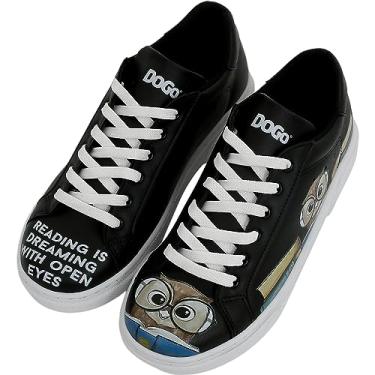 Imagem de DOGO Tênis feminino branco – Tênis feminino feito à mão, couro vegano e design exclusivo, sapatos confortáveis para mulheres, tênis Ace, Black the Wise Owl, 35