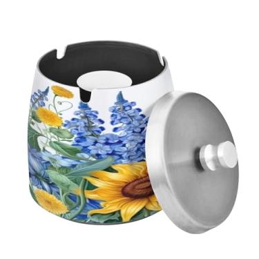 Imagem de Blueangle Cinzeiro de girassóis bluebells com tampa para cigarros, à prova de vento/chuva, aço inoxidável, sem fumaça, inodoro, cinzeiro para uso interno ou externo (444)
