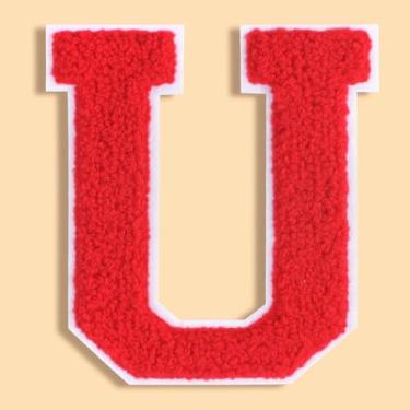 Imagem de QianSiLi Adesivos de letras universitárias de chenille vermelho de 11 cm, letras grandes de ferro para jaquetas Letterman, moletons com capuz, mochilas, coletes, roupas, adesivos individuais da letra