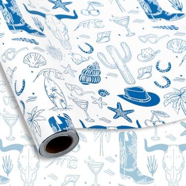 Imagem de JarThenaAMCS Papel de embrulho de cowboy costeiro ocidental - Mini rolo - 43 cm x 80 m azul branco selvagem oeste bota de rodeio concha do mar papel de embrulho para presente de aniversário chá de