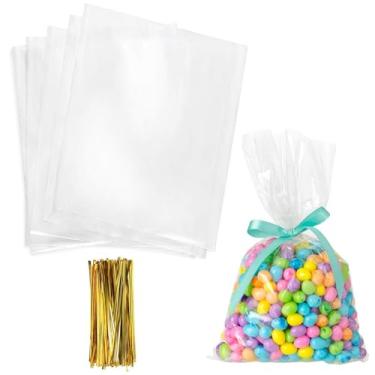 Imagem de Sacos de celofane transparentes de 15 x 23 cm, 100 unidades de sacolas de plástico OPP com 100 laços torcidos para embrulhar presentes, doces, sobremesas, padaria, biscoitos, chocolate, lembrancinhas