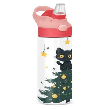 Imagem de YETTASBIN Garrafa de água de gato de árvore de Natal para crianças, 355 ml, à prova de vazamento, parede dupla, isolada, copo de viagem com tampa de canudo para meninas, meninos e crianças