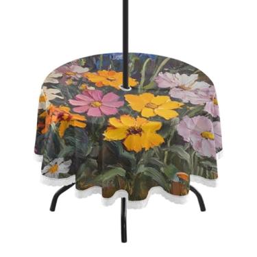 Imagem de CEBUGI Toalha de mesa redonda para uso ao ar livre, flores silvestres, impermeável, com furo Umberlla, capa de mesa lavável para pátio, cozinha, sala de jantar, 152 cm