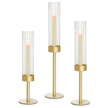 Imagem de Turvono Conjunto de 3 castiçais Gold Hurricane, castiçais cônicos de latão para castiçais, elegante suporte de vela alto para decoração de mesa central, casamento e Natal