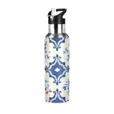 Imagem de Wassud Garrafa de água azul padrão de azulejo de aço inoxidável garrafa de água esportiva com canudo garrafas de água isoladas copo portátil de viagem 947 ml