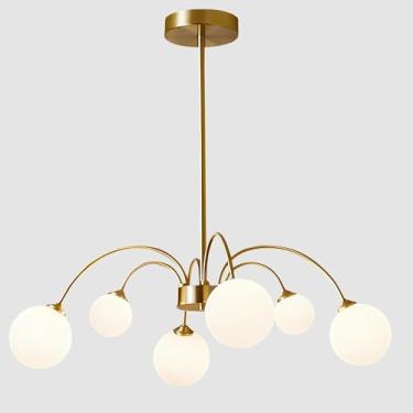 Imagem de Lustre de 6 lâmpadas com globos dourados, estilo meados do século XX, em latão escovado, com lustre Sputnik em vidro leitoso, ideal para sala de estar, sala de jantar, ilha de cozinha, quart