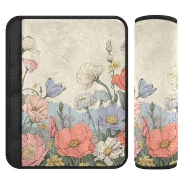 Imagem de Burbuja Capa para cinto de segurança de carro retrô flores macias e confortáveis para alça de ombro de assento de carro, 1 par médio