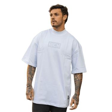 Imagem de Camiseta Oversized Gola Alta Aplique Quadrado Streetwear Confortavel Masculina Branco-Masculino