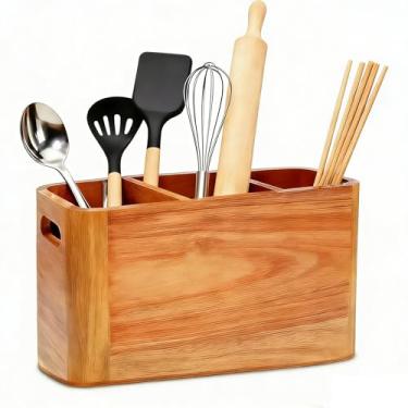 Imagem de Suporte de utensílios de cozinha para bancada, organizador extragrande de madeira de acácia com 3 compartimentos, armazenamento de madeira para utensílios de cozinha e talheres, decoração rústica