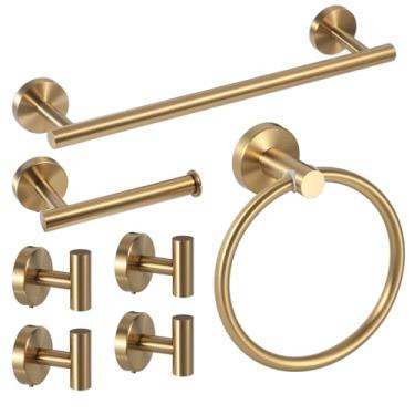 Imagem de Vasphire Conjunto de 7 peças de ferragens de banheiro em ouro escovado - Toalheiros SUS para banheiro montado na parede, acessórios modernos incluem barra de toalha e anel de 15,7 polegadas, suportes