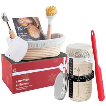 Imagem de Jeensley Kit de jarra para iniciantes de fermento em caixa com cesta oval à prova de água e ferramentas para fazer pão, acessórios para fazer pão