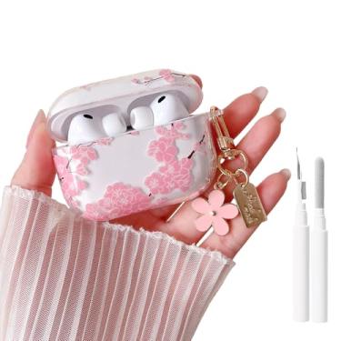 Imagem de MINSCOSE Capa transparente para AirPods 4, linda estampa de flor de cerejeira com chaveiro floral feminino, capa protetora de TPU macio para AirPods 4 - rosa