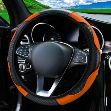 Imagem de Knonip Capa de volante de couro de fibra de carbono, estilo esportivo, confortável, resistente ao desgaste, ajuste universal para roda de 35 a 38 cm, acessórios interiores de carro para todas as