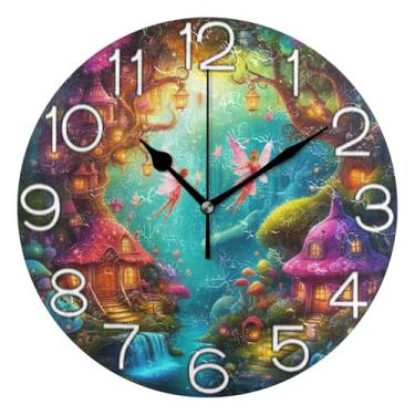 Imagem de Relógio de parede analógico decorativo relógio de cozinha bonito estético silencioso sem tique-taque, arte de parede boho decoração de casa colorido floresta jardim de fadas, 25 cm, ponteiros dourados