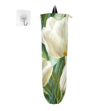 Imagem de Tulipas brancas em verde com suporte de saco de plástico, organizador de sacolas de plástico para compras, organizador de sacos de plástico para cozinha, 1 pacote