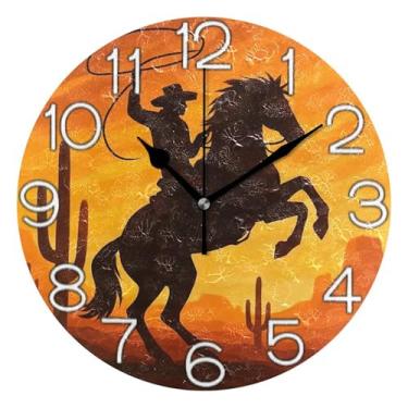 Imagem de GAIGEO Relógio de parede analógico decorativo quarto cozinha relógio operado por bateria silencioso, retrô moderno art déco decoração de parede cavalo caubói deserto, 25 cm, ponteiros pretos