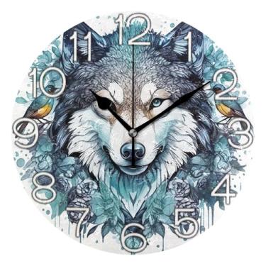 Imagem de GAIGEO Relógio de parede analógico decorativo operado por bateria relógio de cozinha rústico, decoração de parede vintage, sala de estar, cabeça de lobo azul aquarela, 25 cm, ponteiros pretos