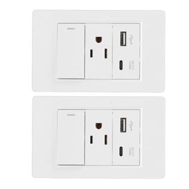 Imagem de VBESTLIFE Tomada de Parede de 2 Pacotes, 15A 3 Pinos AC 10W Porta USB Tipo C 2.1A, Interruptor de Controle único, Tomada de Receptáculo de Parede e Interruptor de Luz (plugue americano)