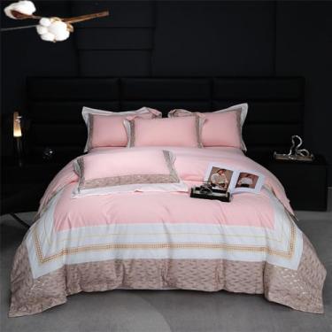 Imagem de Jogo de cama de algodão com bordado, tamanho Queen/King, capa de edredom, lençol e fronhas, rosa, 200x230cm (4 peças).