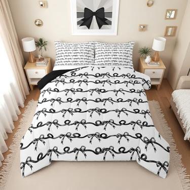 Imagem de Erosebridal Conjunto de cama Queen com gravata borboleta preta para meninas | Conjunto de edredom listrado preto e branco para crianças, adolescentes, edredom fofo Kawaii, decoração de quarto, 2