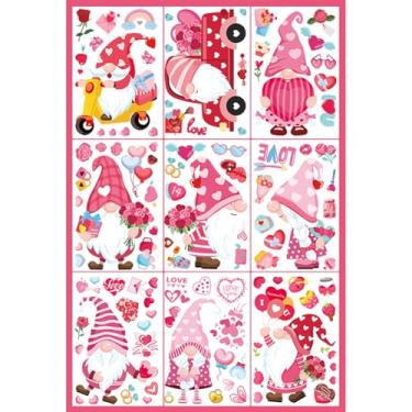 Imagem de 9 folhas de adesivos de janela do Dia dos Namorados, adesivos de janela com tema de amor com corações rosas e gnomo, decalques de janela reutilizáveis removíveis para decoração de vidro de casa