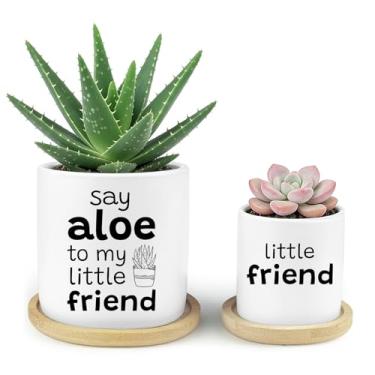 Imagem de Say Aloe to My Little Friend Vasos engraçados para suculentas, vaso de cerâmica para cacto com bandeja de bambu para ambientes internos e externos, pote de aloe para amigos amantes de plantas